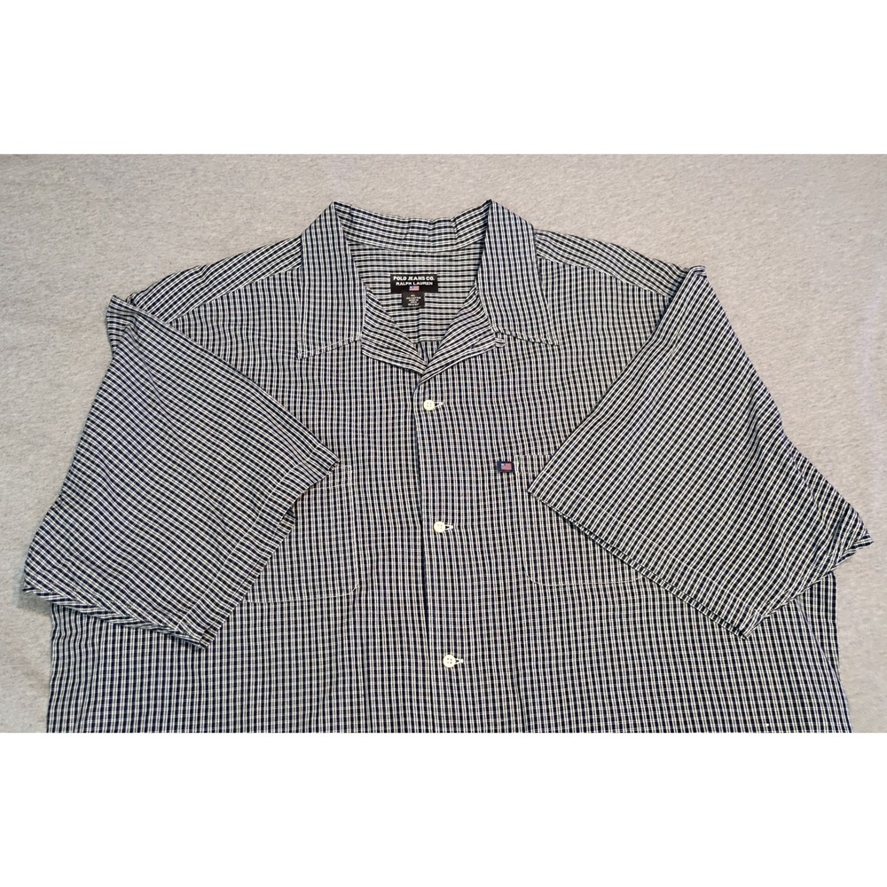 Polo Jeans Co Ralph Lauren Mens XL Blue White Grid Check S/S Button Down Shirt